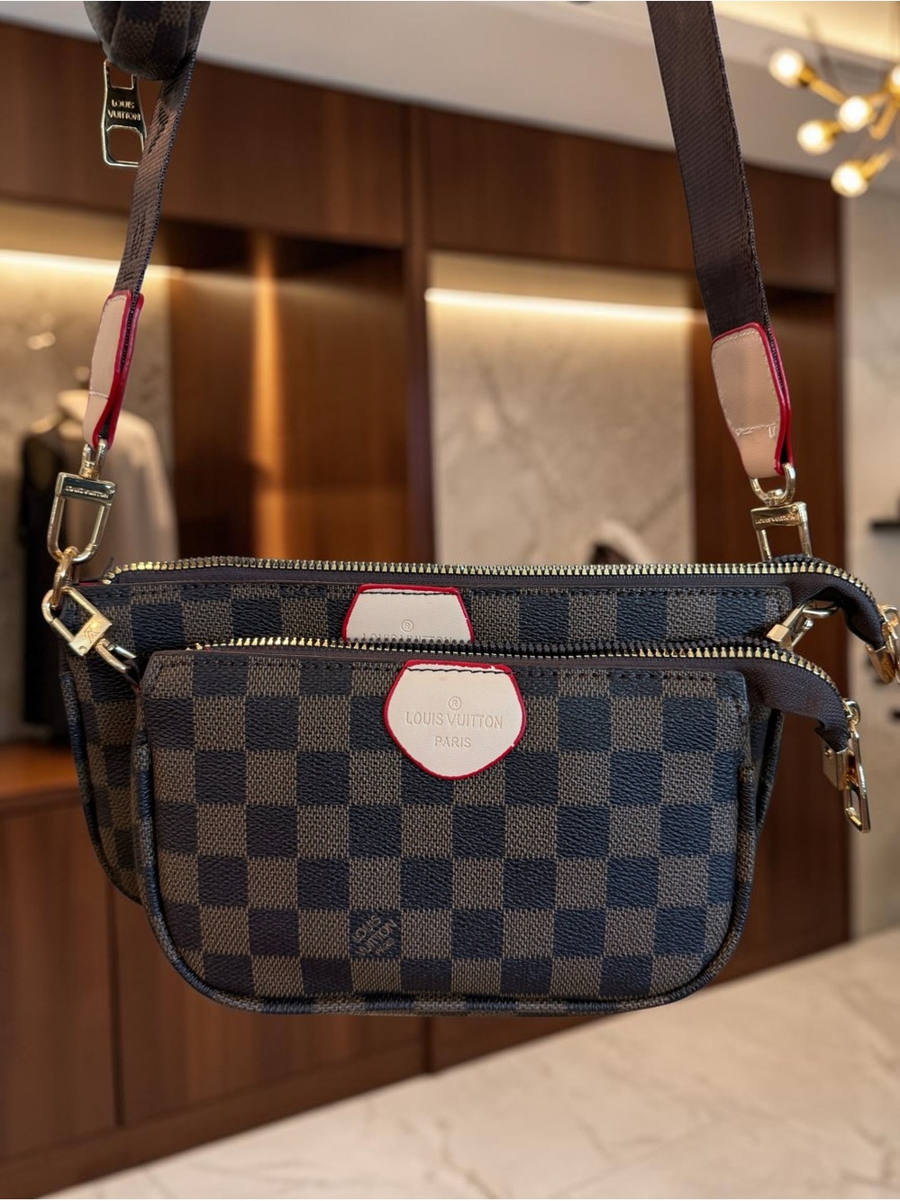 NWOT Source Unknown Brown Checkered  Multi-Pochette Crossbody.